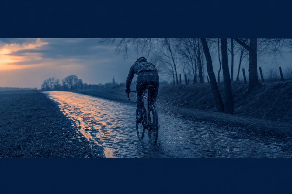 Eenzame renner op natte Vlaamse kasseien in de regen