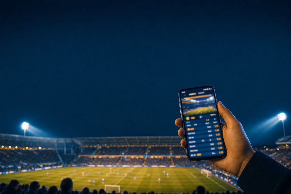 Hand met smartphone en een sportweddenschappen-interface, wazig stadion op de achtergrond bij avond