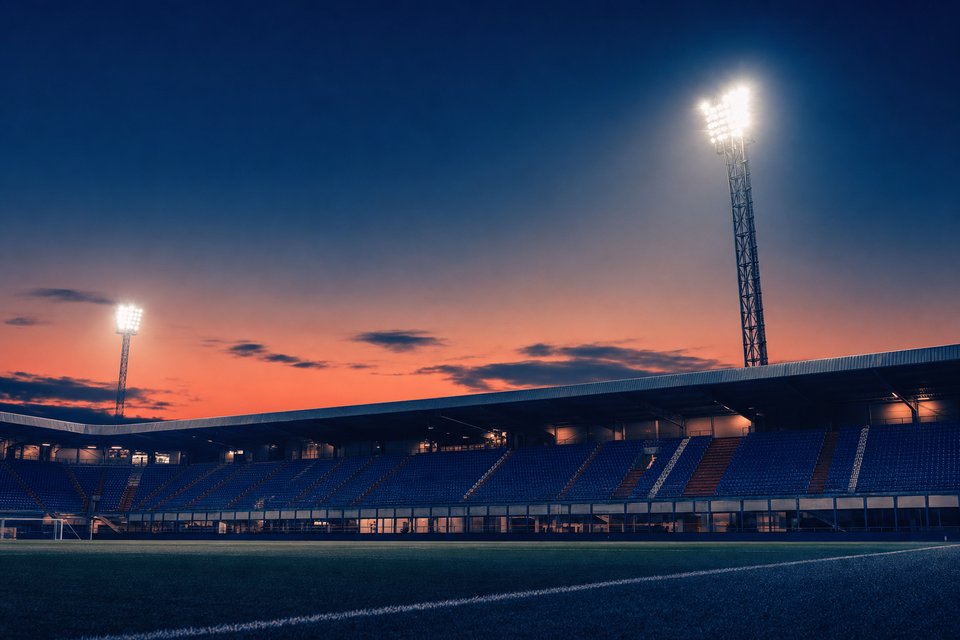 Nederlands voetbalstadion bij avond, gezien vanaf het speelveld