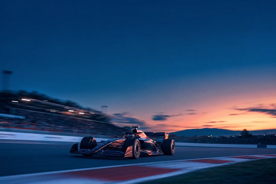 Formule 1-auto in een bocht op een Europees circuit bij schemering