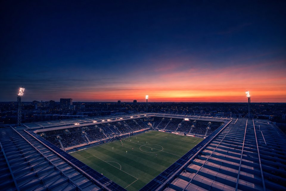 Nederlands voetbalstadion bij zonsondergang met verlichte lichtmasten