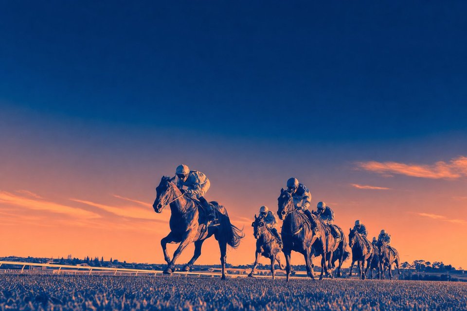 Volbloed renpaarden in galop op een grasbaan tijdens gouden uur