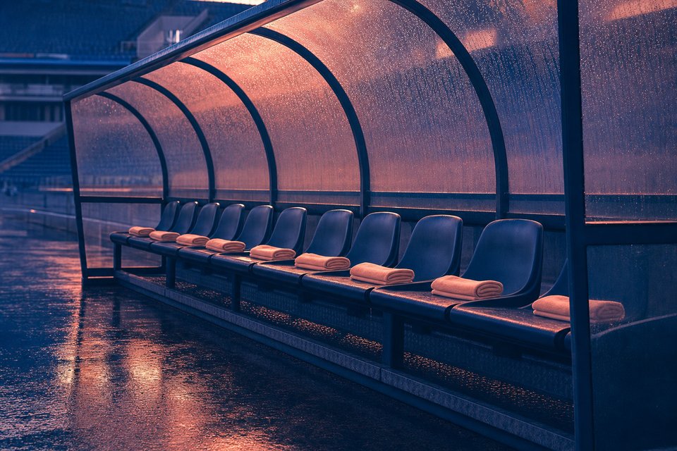 Lege spelersbank tijdens de rust, regen op het dak van de dug-out