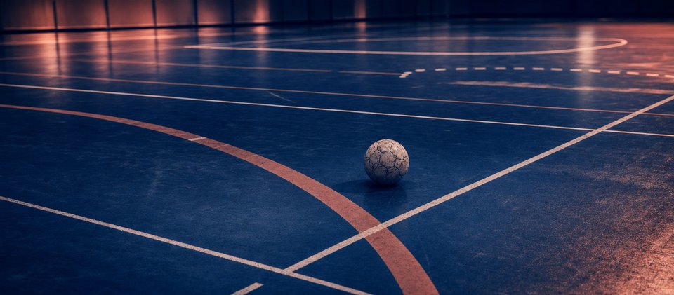 Zaalvoetbalhal met overlappende belijning en een bal in rust