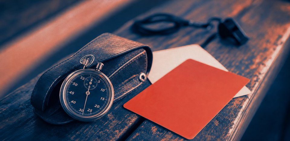 Stopwatch en scheidsrechterskaarten op een houten bank, macro-opname