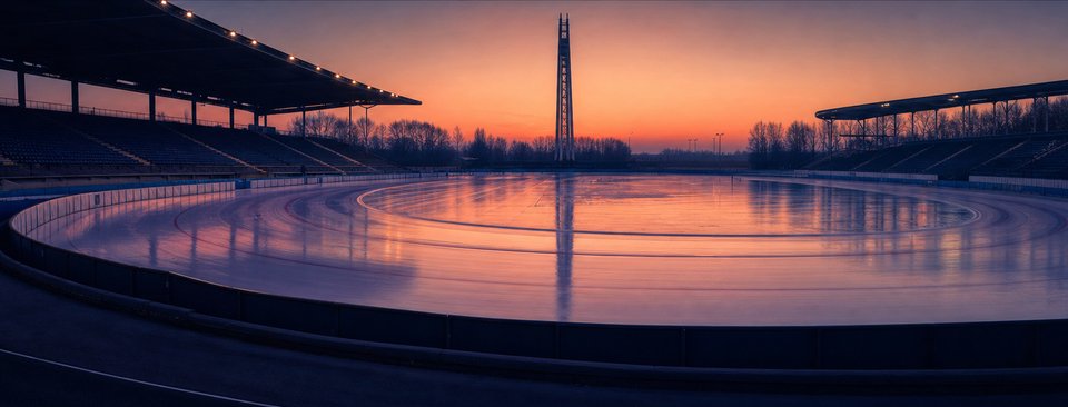 Leeg schaatsovaal bij zonsopkomst, versgemaakt ijs met lange reflecties