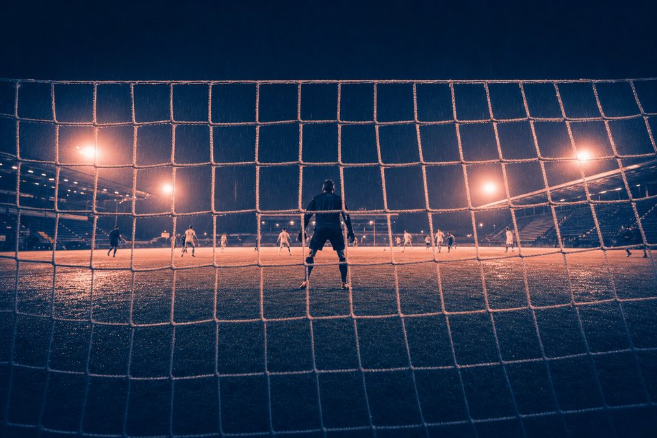 Verlicht voetbalveld in de regen, gezien door het doelnet