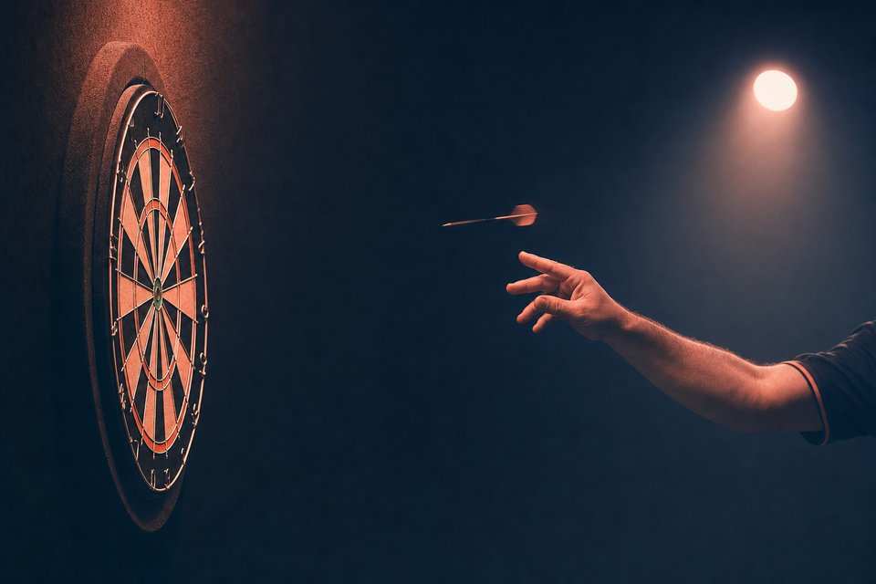 Dartbord en een hand op het moment van de worp onder een harde spot