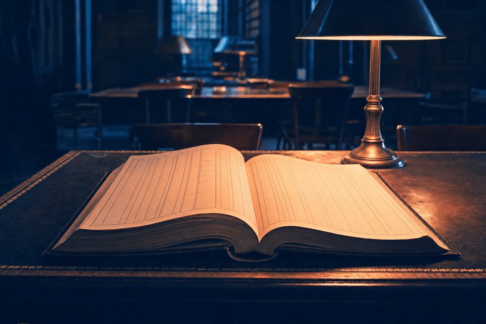 Opengeslagen ingebonden register op een leestafel onder een bureaulamp