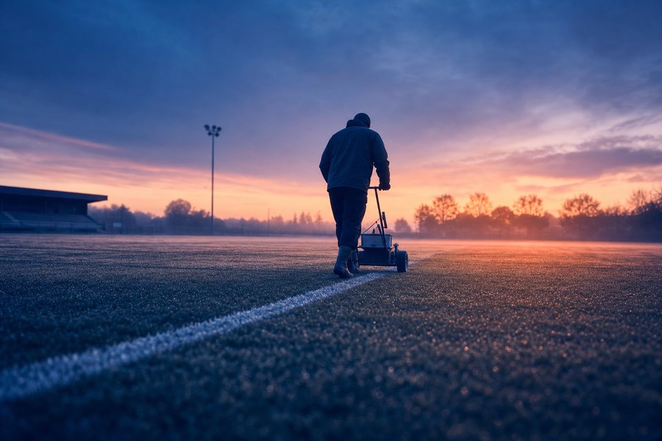 Terreinknecht trekt bij dageraad een zijlijn op een voetbalveld