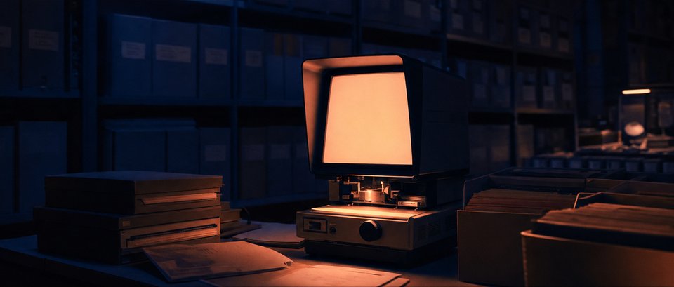 Microfiche-lezer die oplicht in een verder donkere archiefruimte
