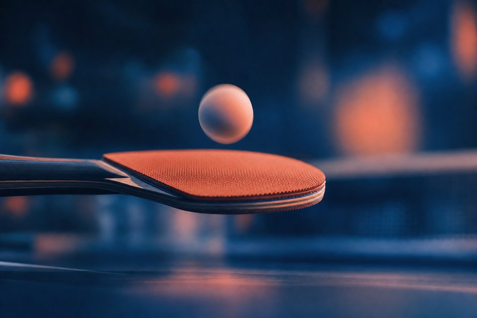 Tafeltennisbatje en bal in close-up, de zaal onscherp erachter