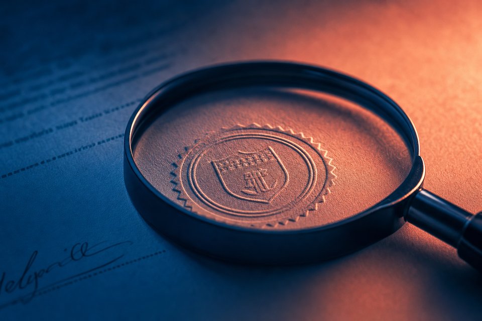 Officieel gestempeld document onder een loep, reliëf van het zegel zichtbaar