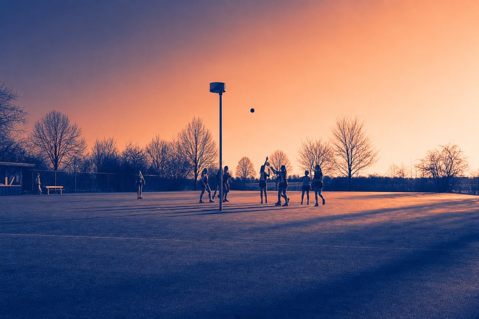 Korfbalveld in lage winterzon met een lange schaduw van de korf