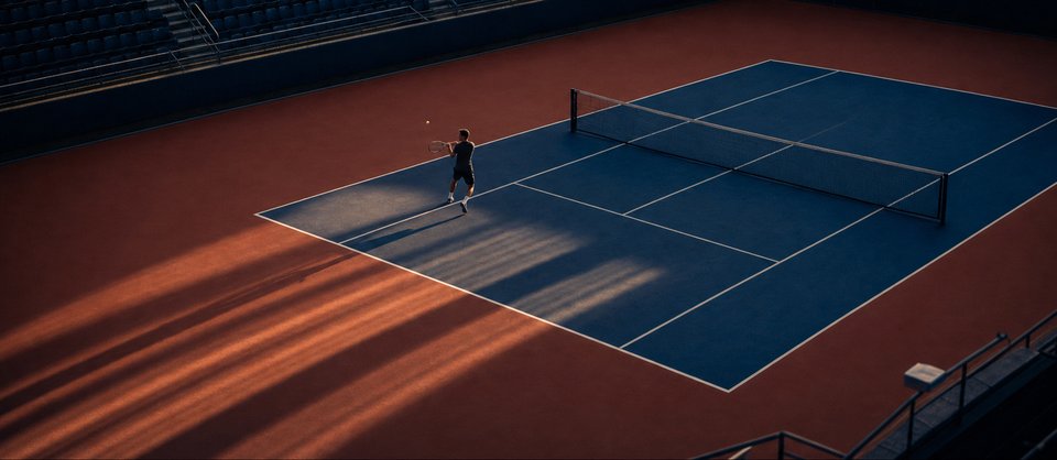 Hardcourt tennisbaan vanaf een hoge hoek met lange avondschaduwen