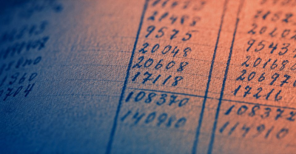 Macro-opname van een gelijnde registerpagina met kolommen cijfers