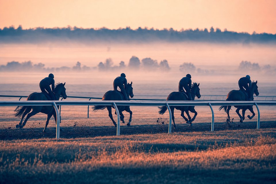 Renpaarden in ochtendtraining langs de rail, mist over het middenterrein
