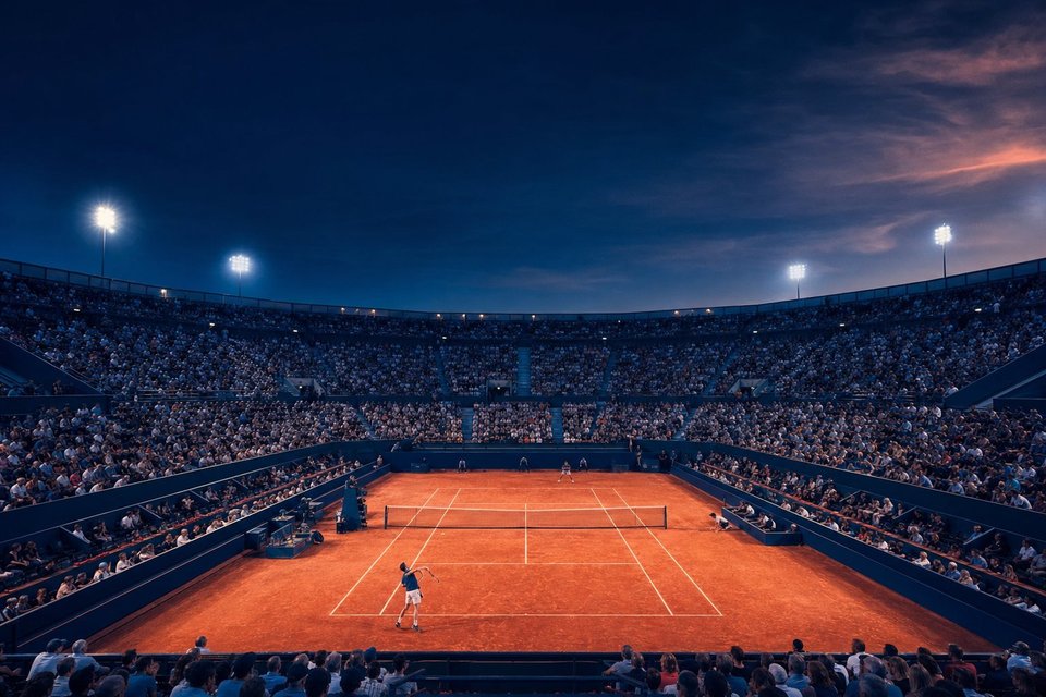 Tenniswedstrijd op gravel gezien vanaf een hoge tribunehoek, avondverlichting